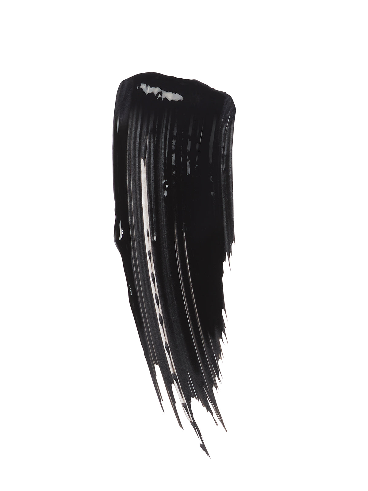A bold black mascara swatch with glossy finish and textured streaks.