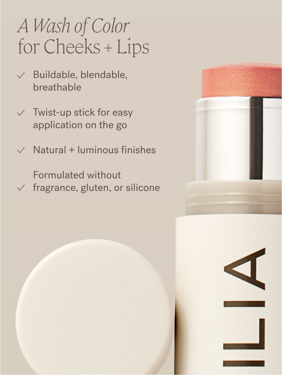 Ilia makeup stick with text highlighting features on a beige background