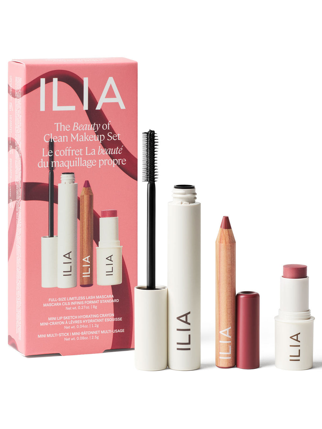 Ilia makeup set with packaging on a white background