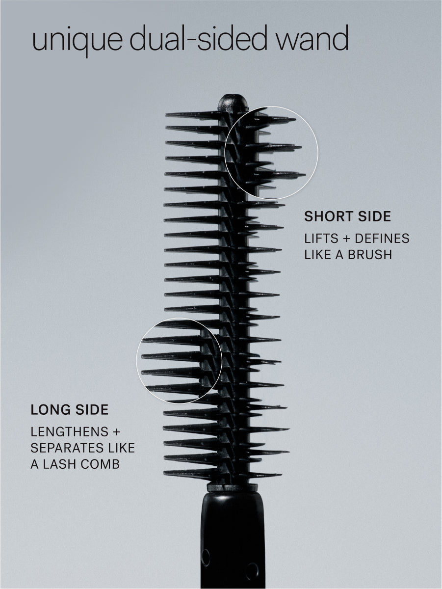 Black dual-sided hair styling wand with text describing its features on a gray background
